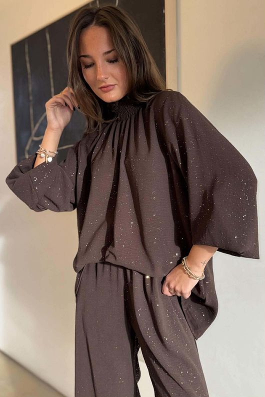 Suki Night Sky Shirring Neck Blouse Chocolate